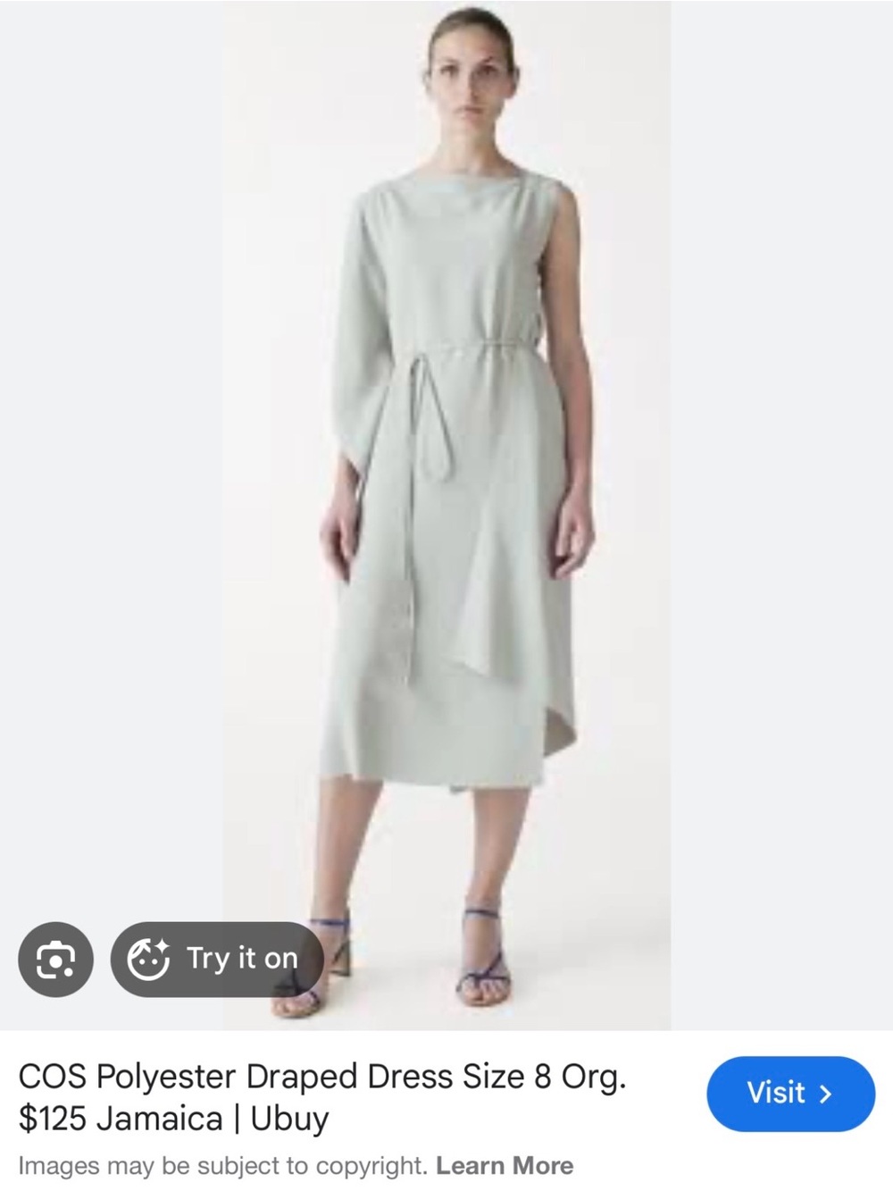 COS Asymmetrical One-Shoulder Draped Midi Dress in Sage Green